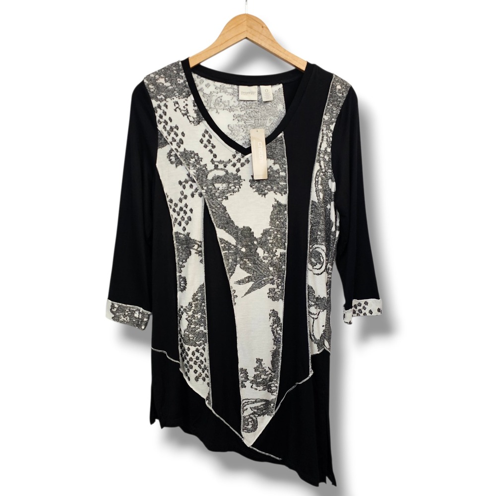 Chicos Zenergy Tunic Top S Splice Black White Asymmetric Artsy Eclectic Boho NEW